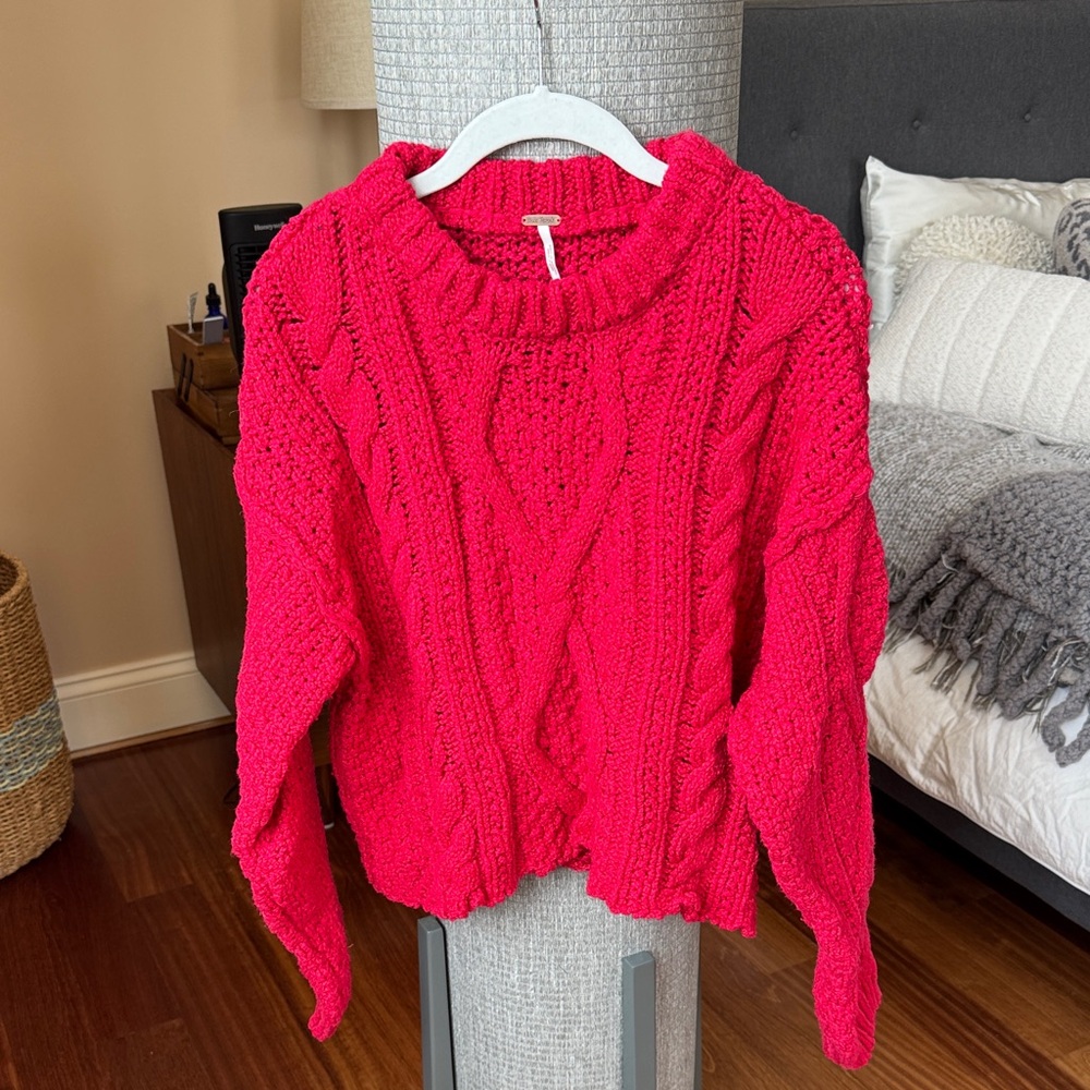 Free People Vibrant Red Cable Knit Sweater